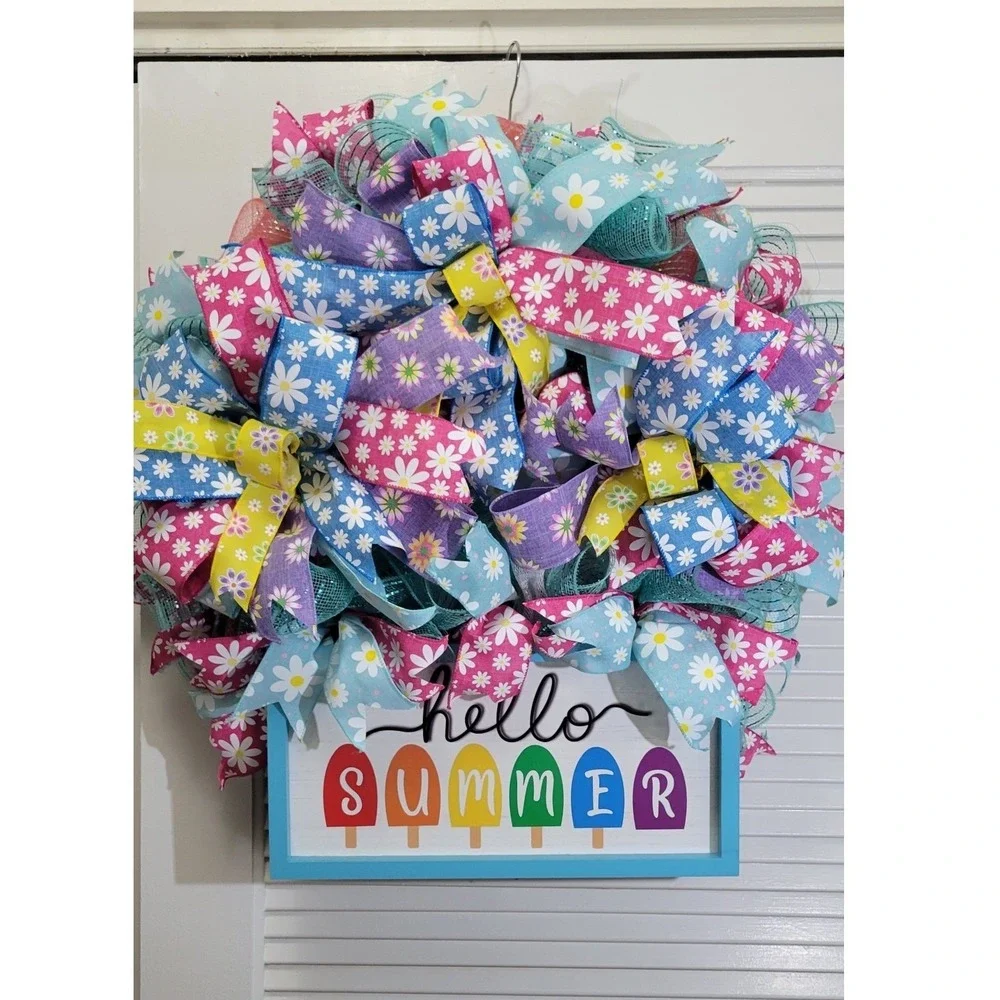 Hello Summer Popsicle Daisy Wreath Deco Mesh Ribbon Front Door Decor 24 Inch